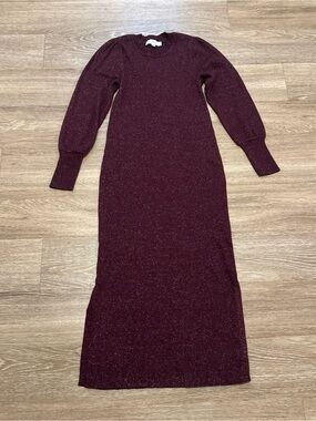 LOFT Burgundy Metallic Long Sleeve Midi Dress
